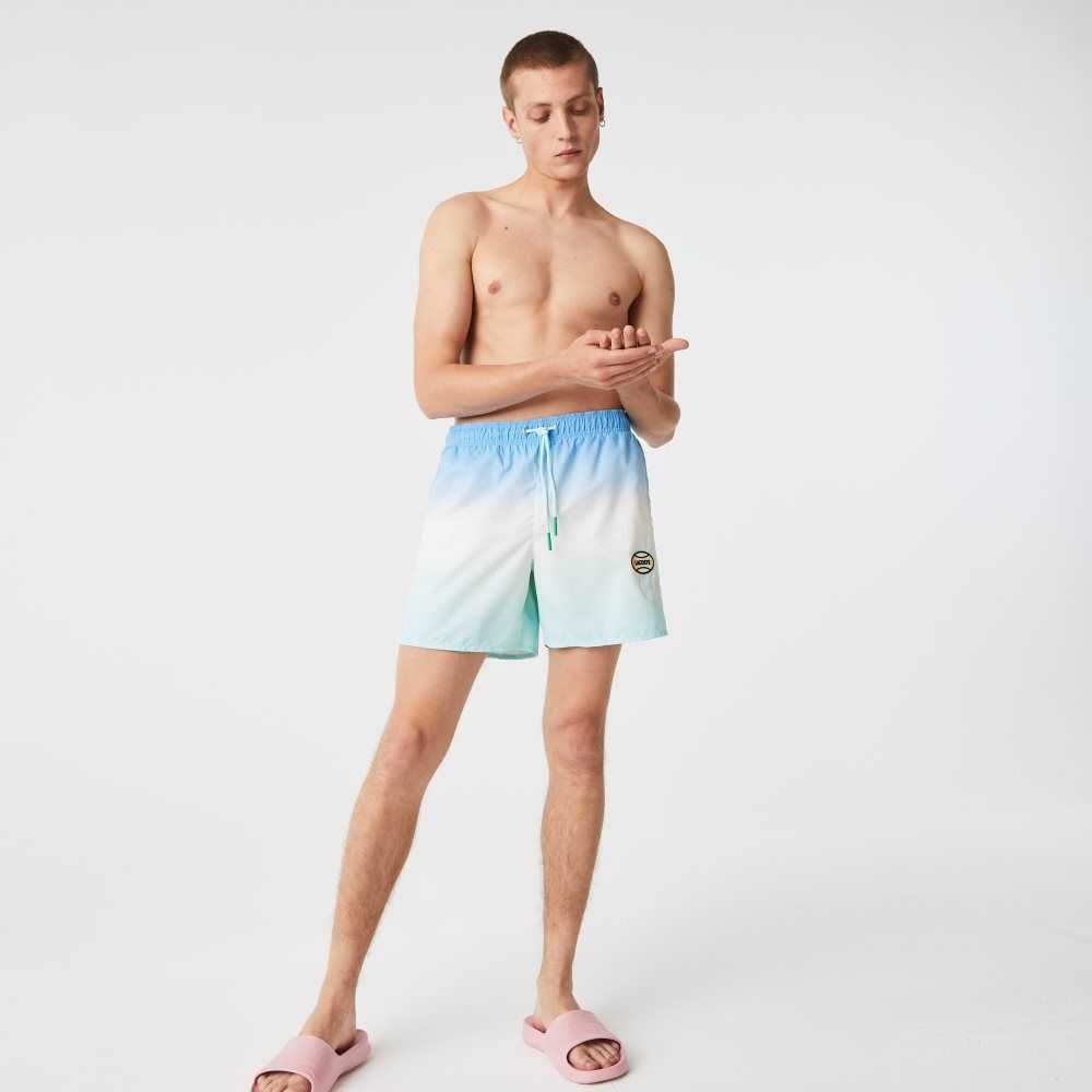 Lacoste LIVE Gradated Print Swimming Trunks Blue / White / Turquoise | EJW-352871