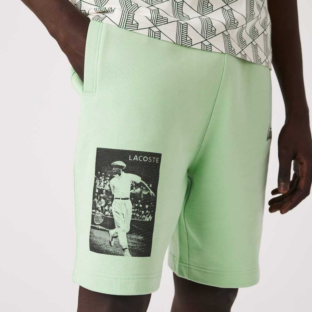 Lacoste LIVE Heritage Print Cotton Fleece Shorts Green | DWL-576831