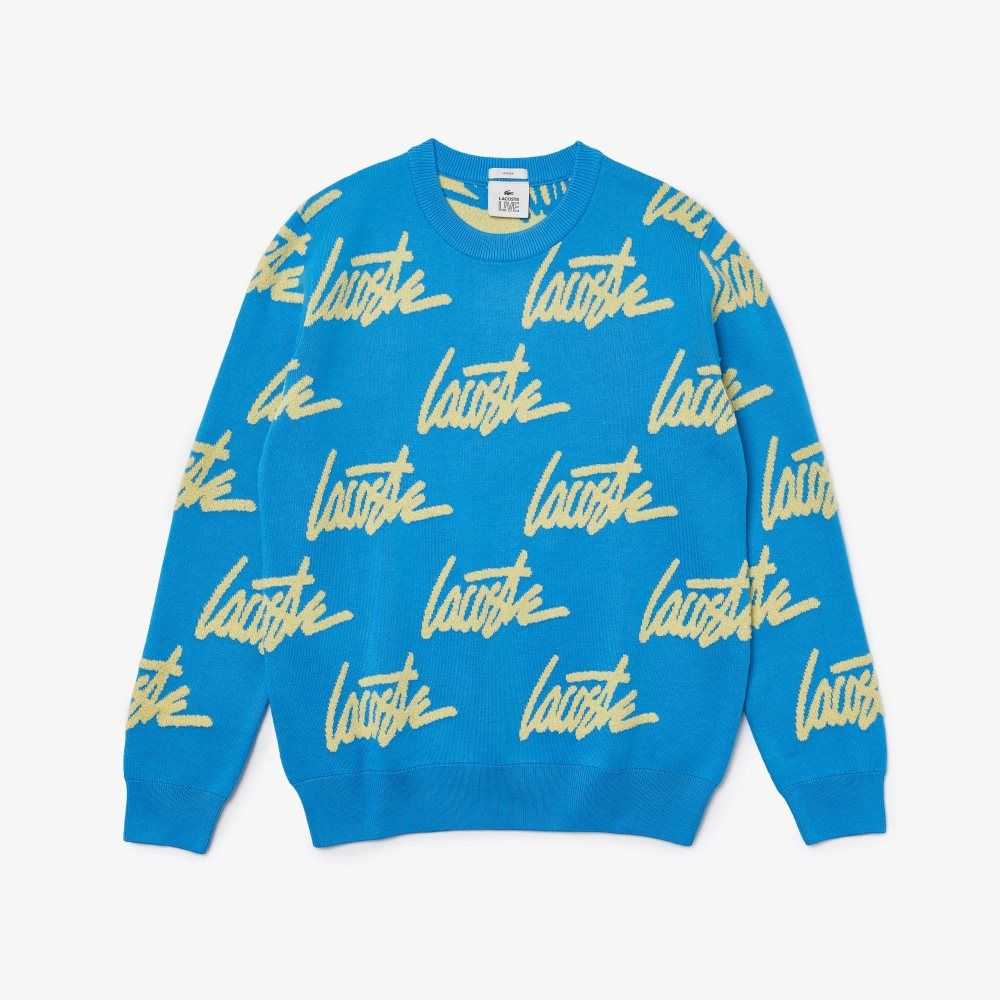 Lacoste LIVE Lettering Crew Neck Cotton Blend Sweater Blue / Yellow | JIE-258379