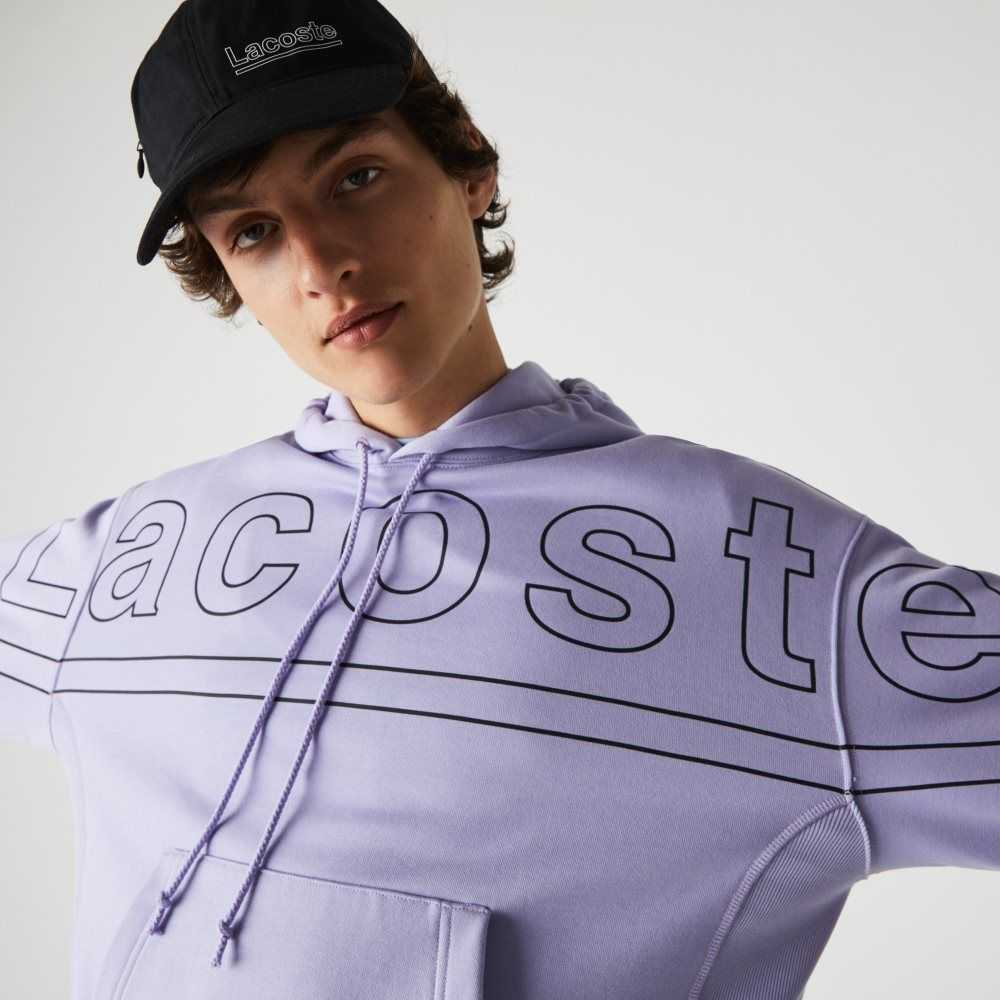 Lacoste LIVE Loose Fit Hooded Print Fleece Sweatshirt Purple | ANO-781023