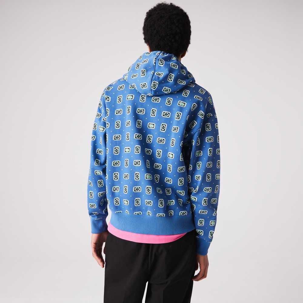 Lacoste LIVE Loose Fit Print Cotton Hoodie Blue / White | ZLB-042581