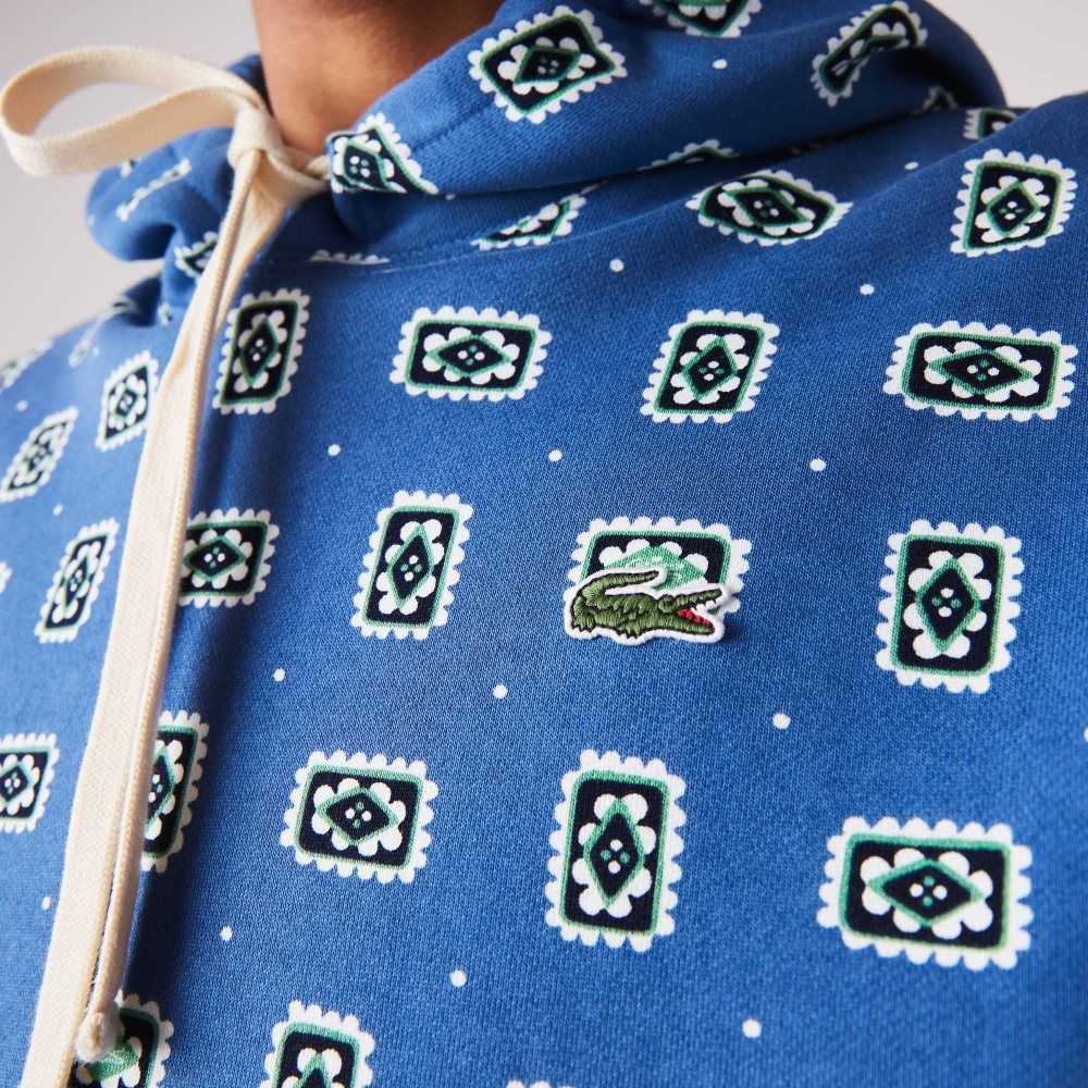 Lacoste LIVE Loose Fit Print Cotton Hoodie Blue / White | ZLB-042581