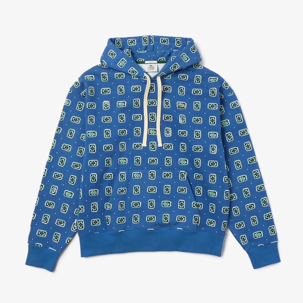 Lacoste LIVE Loose Fit Print Cotton Hoodie Blue / White | ZLB-042581