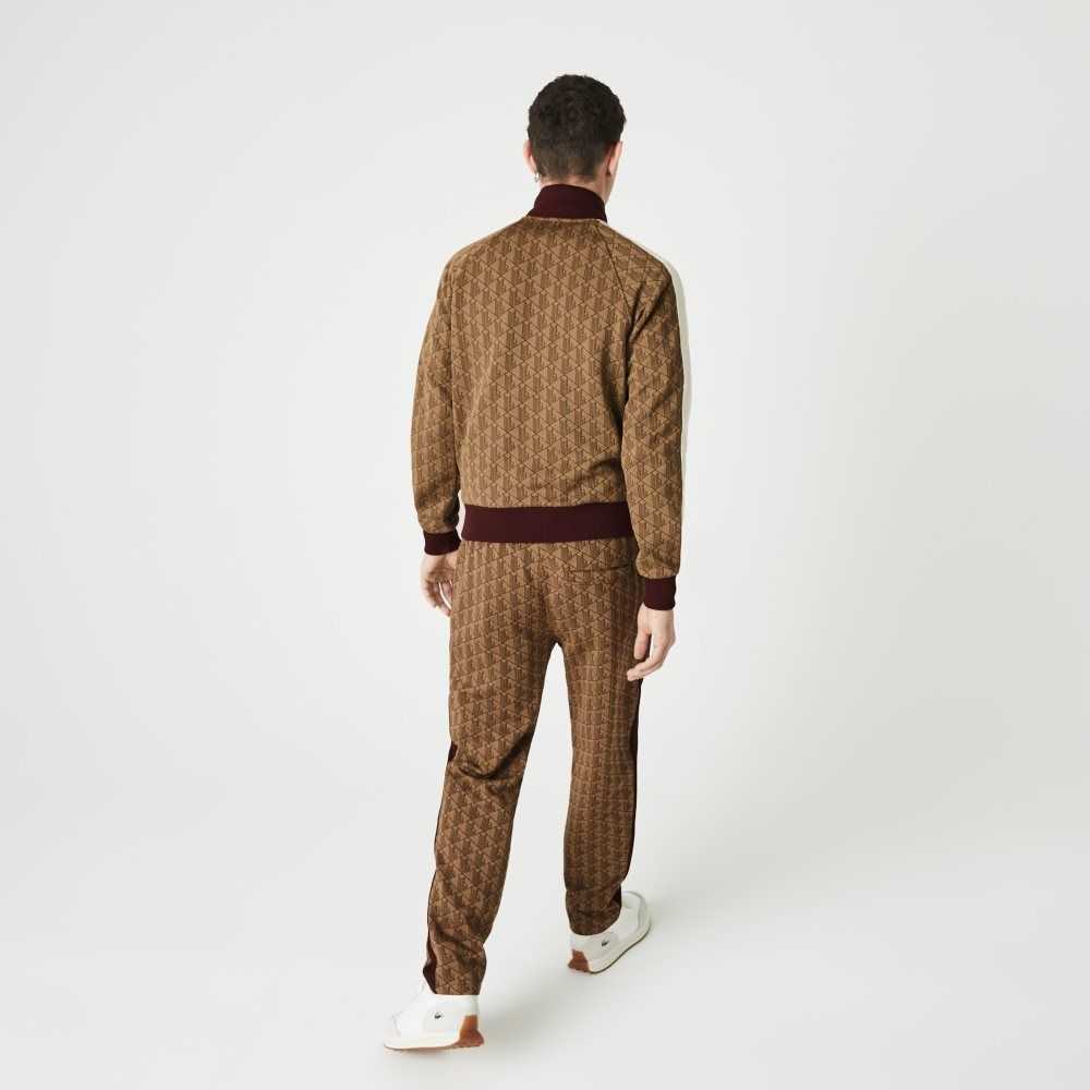 Lacoste LIVE Monogram Jacquard Tracksuit Pants Beige / Bordeaux | KWE-520634