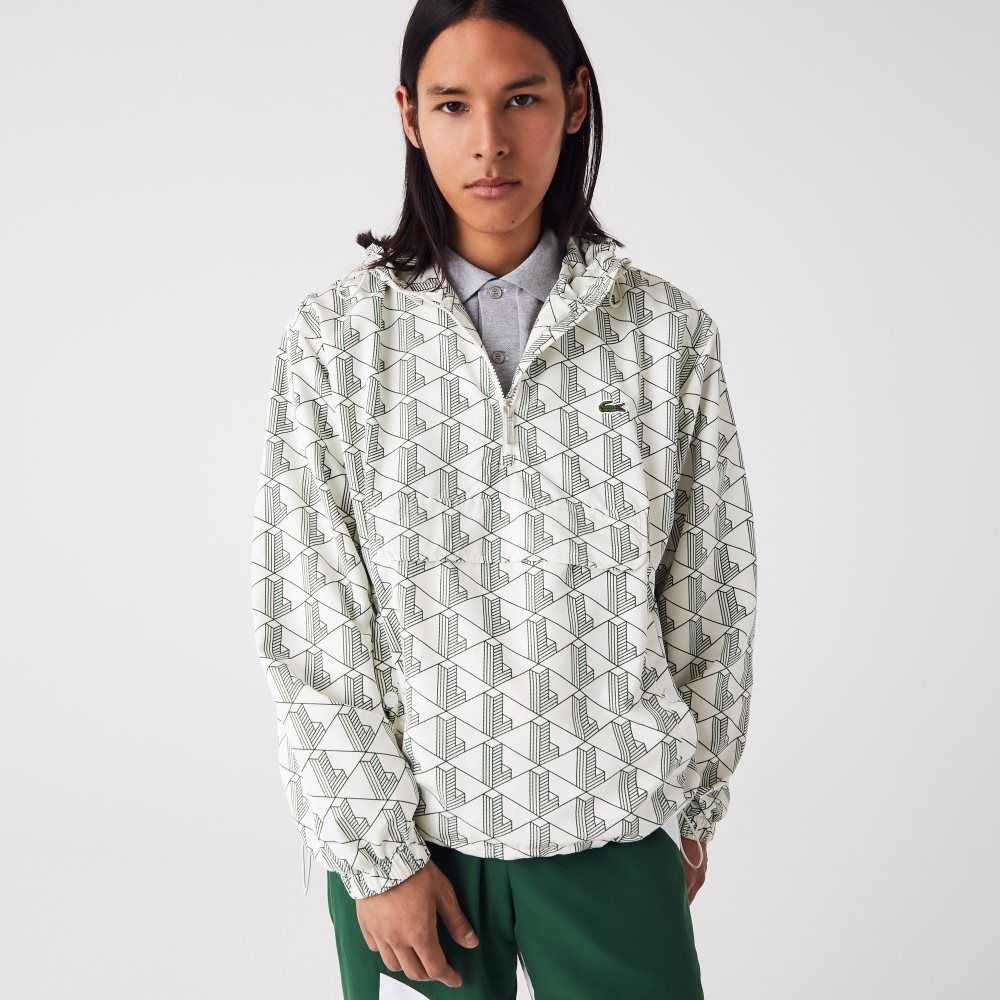 Lacoste LIVE Monogram Patterned Pullover Windbreaker White / Green | WPY-271594