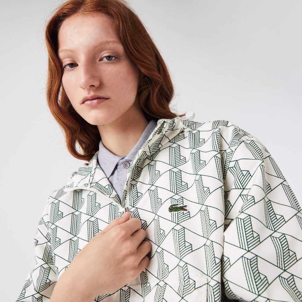 Lacoste LIVE Monogram Patterned Pullover Windbreaker White / Green | WPY-271594