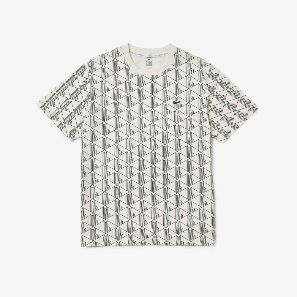 Lacoste LIVE Monogram Print Cotton T-shirt White / Green | XES-352890