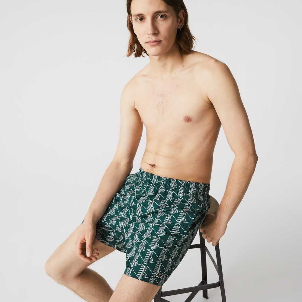 Lacoste LIVE Monogram Print Lightweight Swimming Trunks Green / White | ZBF-485932