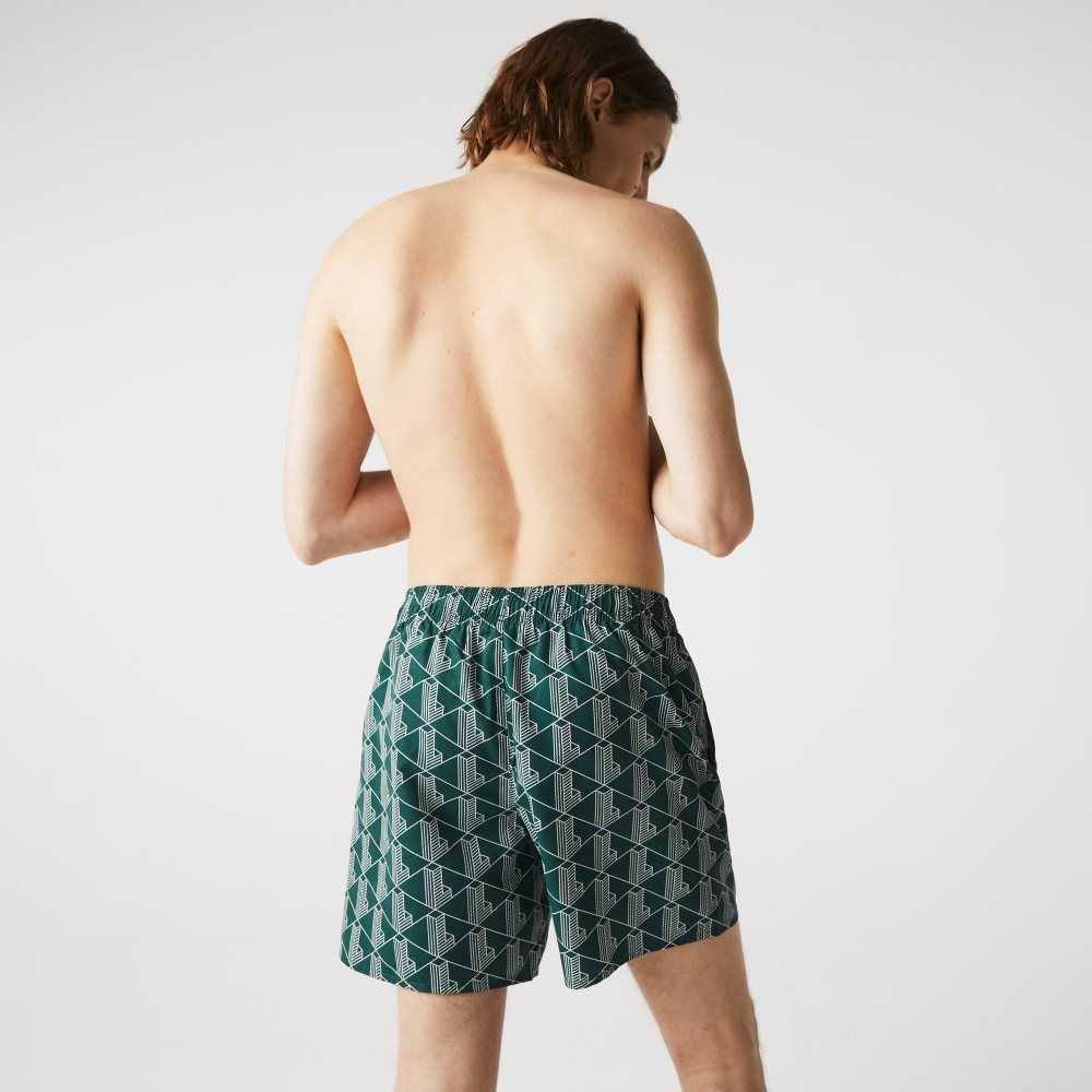 Lacoste LIVE Monogram Print Lightweight Swimming Trunks Green / White | ZBF-485932