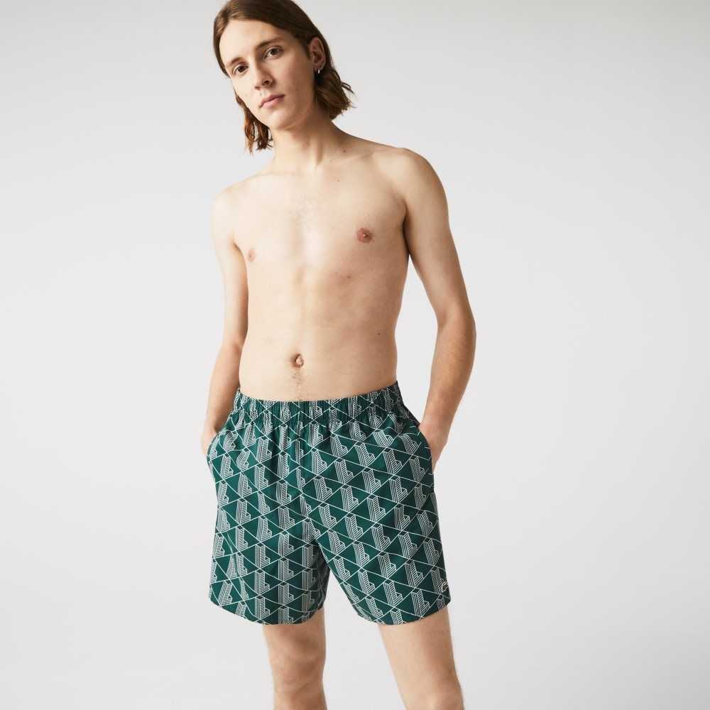 Lacoste LIVE Monogram Print Lightweight Swimming Trunks Green / White | ZBF-485932