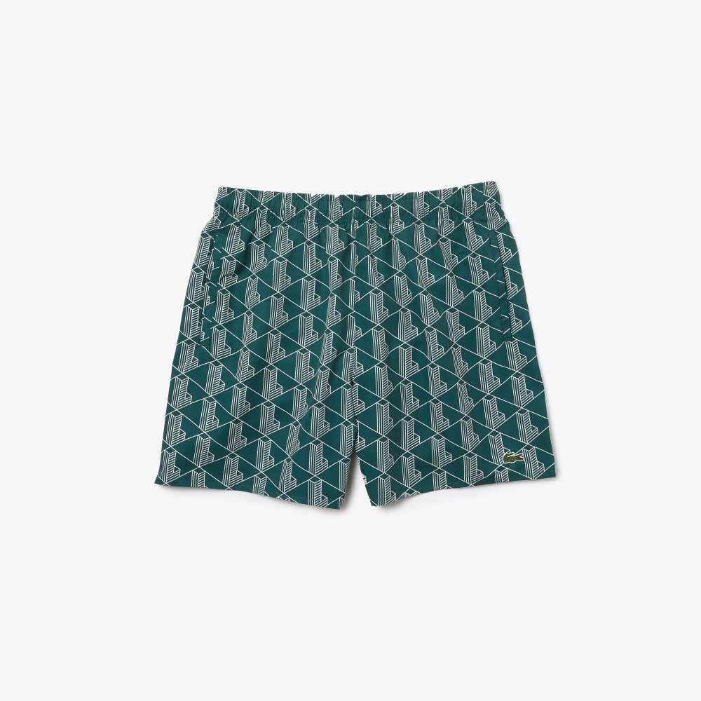 Lacoste LIVE Monogram Print Lightweight Swimming Trunks Green / White | ZBF-485932