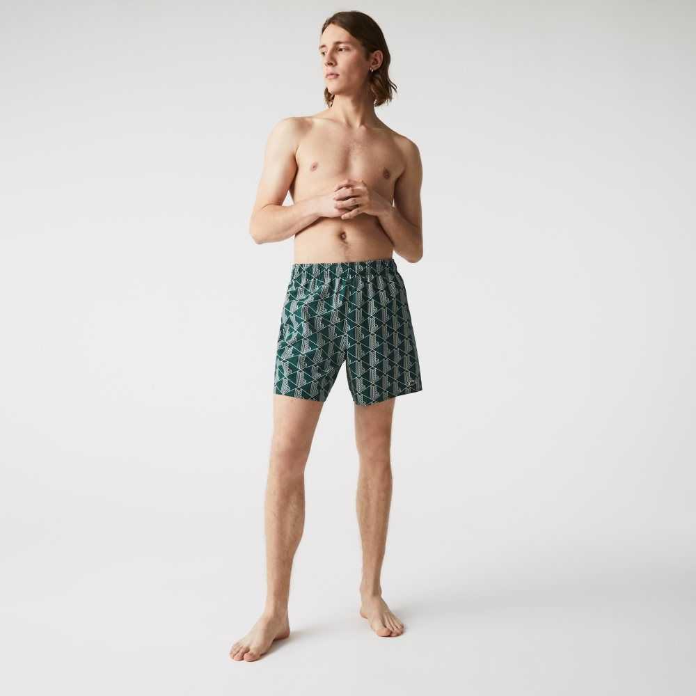 Lacoste LIVE Monogram Print Lightweight Swimming Trunks Green / White | ZBF-485932