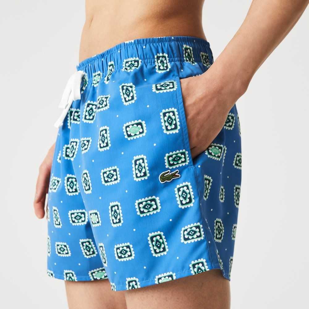 Lacoste LIVE Print Lightweight Swimming Trunks Blue / White | IUK-976432