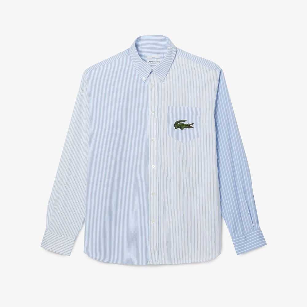 Lacoste Large Crocodile Striped Cotton Shirt White / Blue | EVG-365429