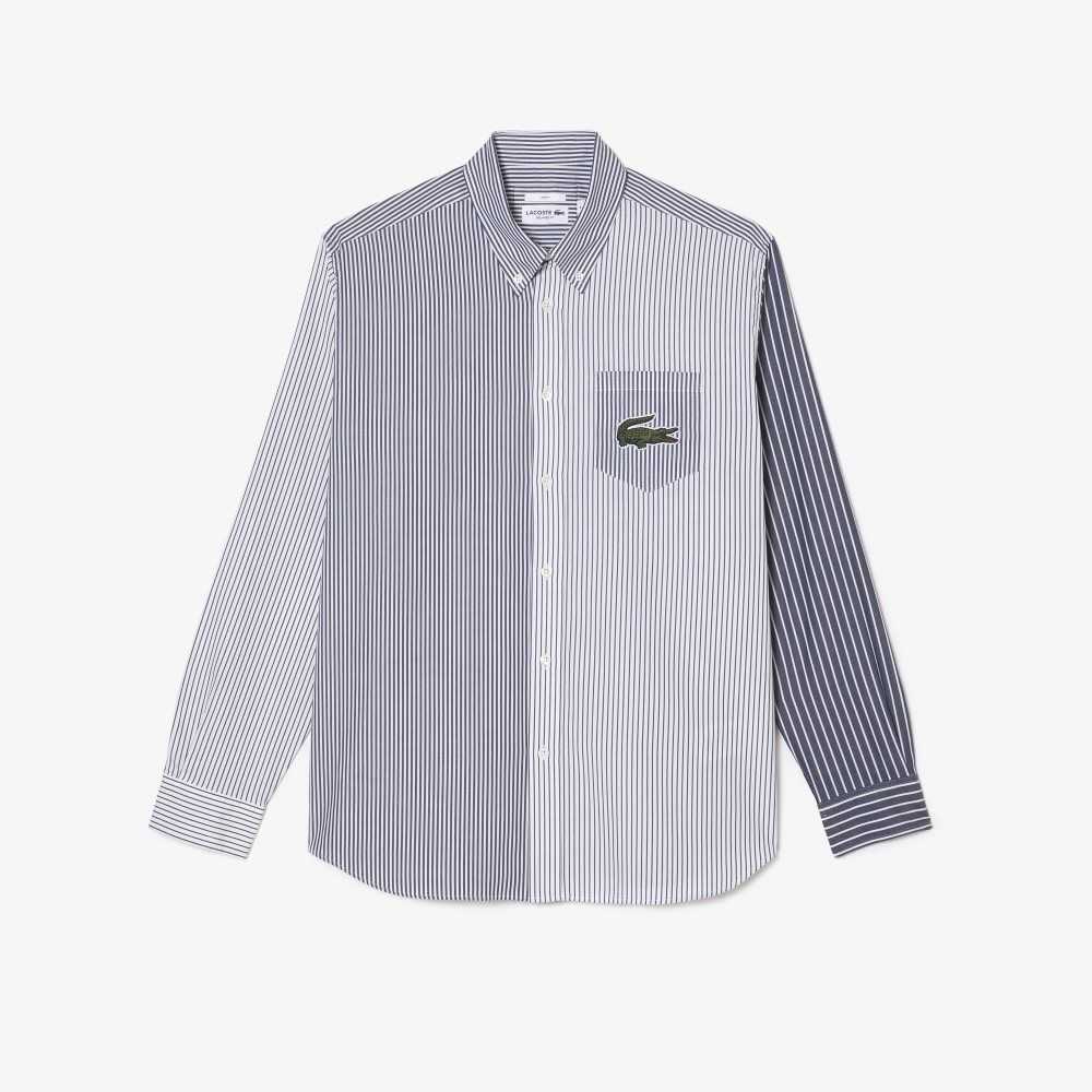 Lacoste Large Crocodile Striped Cotton Shirt White / Navy Blue | HFR-239701