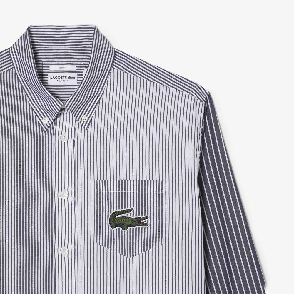 Lacoste Large Crocodile Striped Cotton Shirt White / Navy Blue | HFR-239701