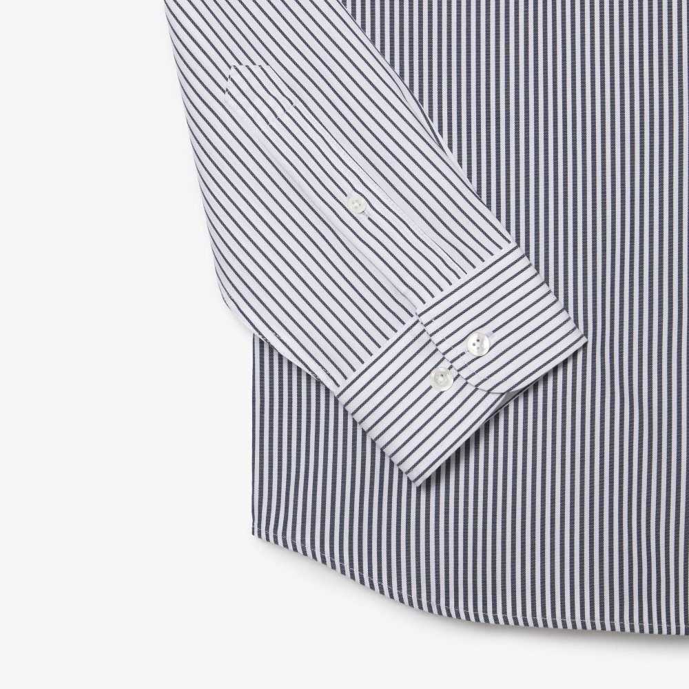 Lacoste Large Crocodile Striped Cotton Shirt White / Navy Blue | HFR-239701