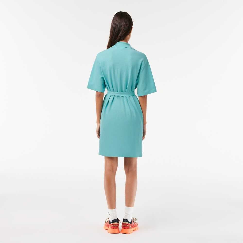 Lacoste Linen/Cotton Blend Belted Button Dress Mint | KQO-503291