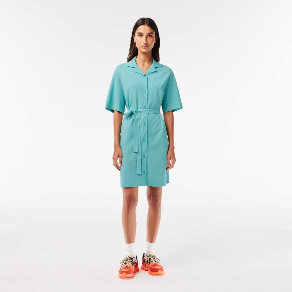 Lacoste Linen/Cotton Blend Belted Button Dress Mint | KQO-503291