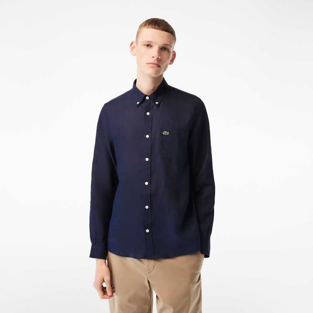 Lacoste Linen Shirt Navy Blue | XTK-820516