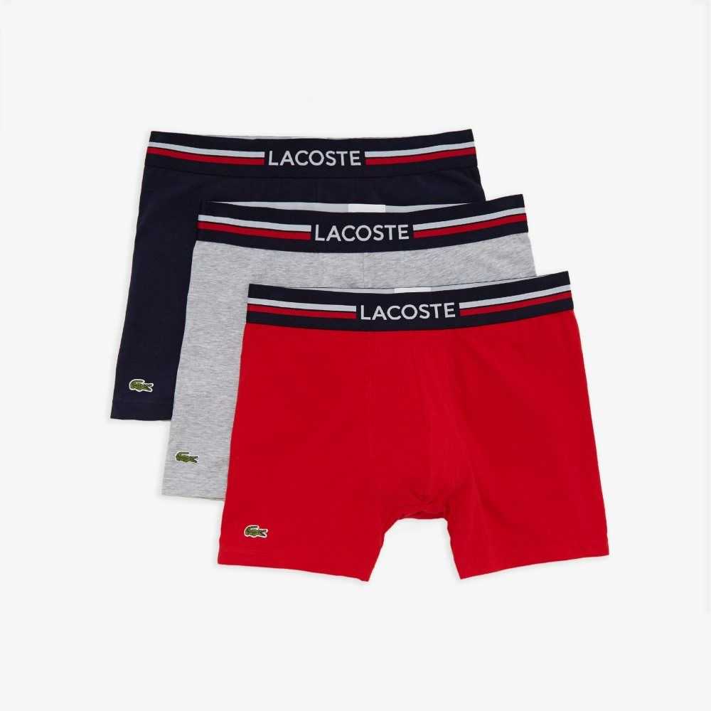 Lacoste Long Cotton Boxer Brief 3-Pack Navy Blue / Grey Chine / Red | POF-451960