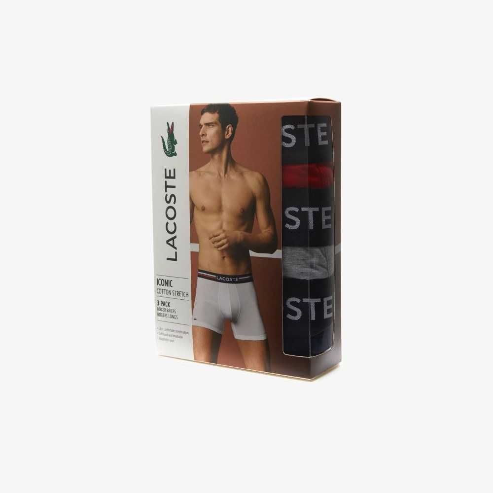 Lacoste Long Cotton Boxer Brief 3-Pack Navy Blue / Grey Chine / Red | POF-451960