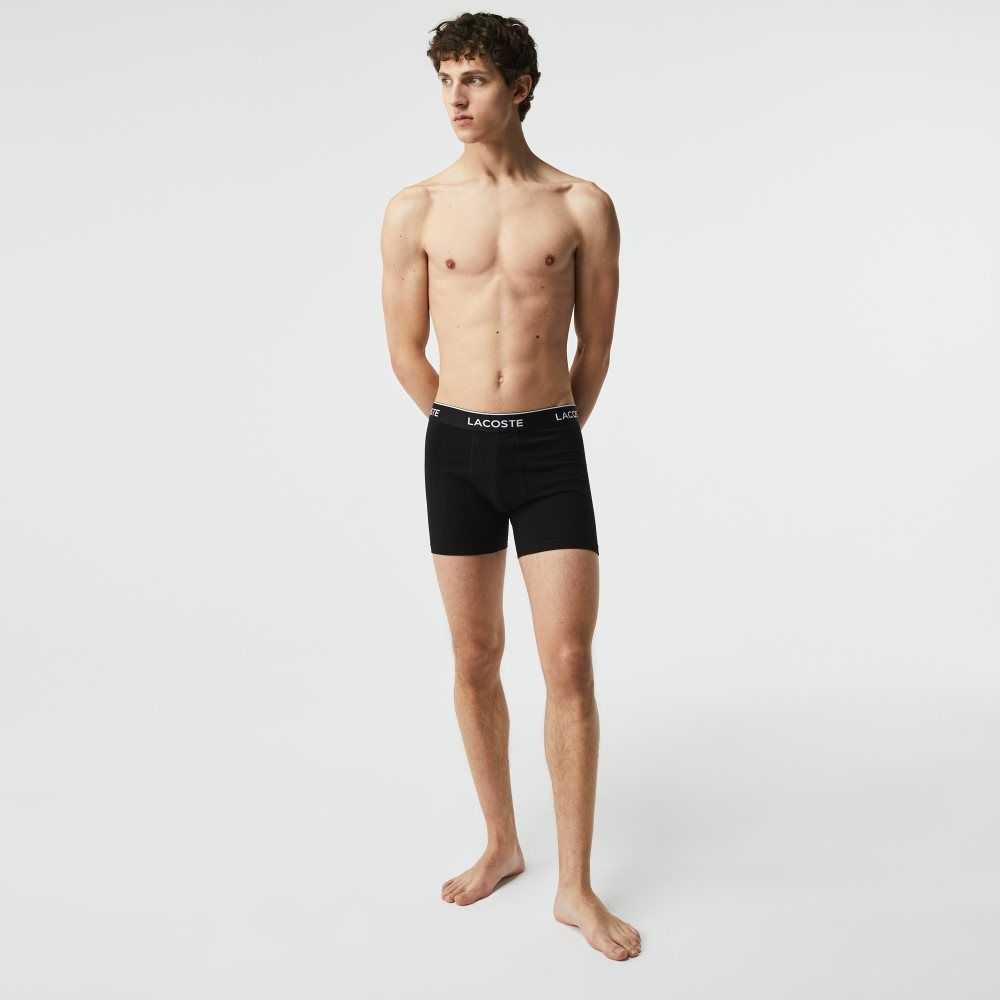 Lacoste Long Stretch Cotton Boxer Brief 3-Pack Black | KGH-946035