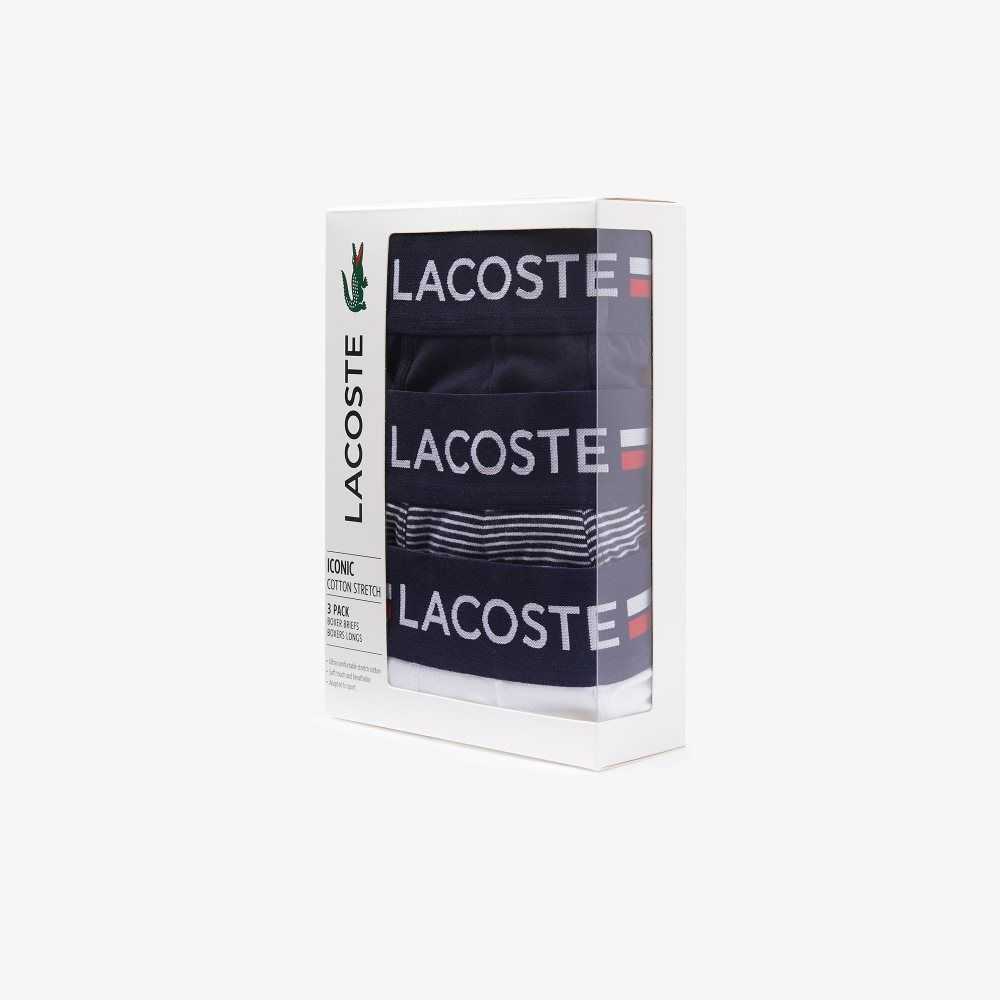 Lacoste Long Stretch Cotton Jersey Boxer Brief 3-Pack Navy Blue / White | HJB-104593