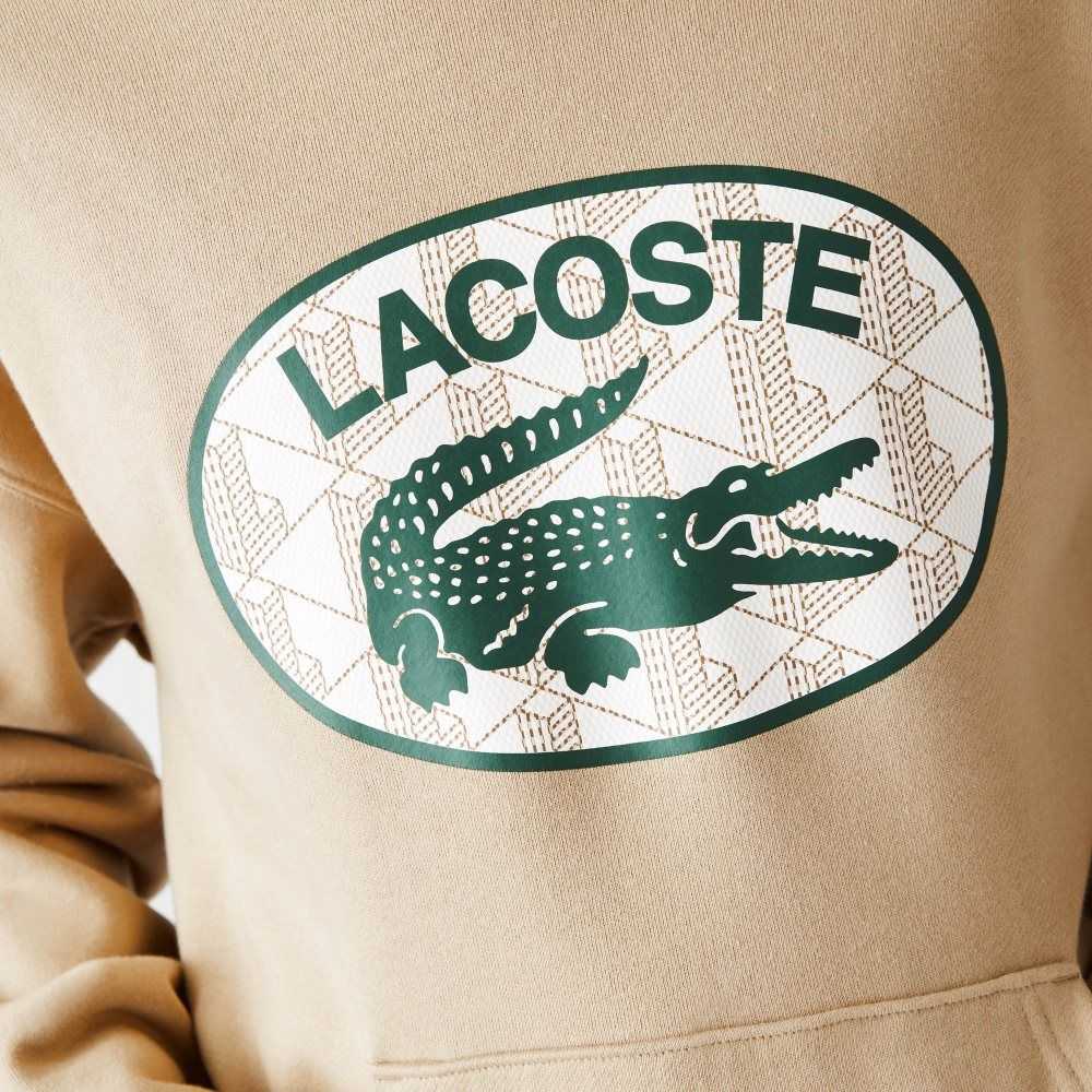 Lacoste Loose Fit Branded Monogram Hooded Sweatshirt Beige | CSY-082964