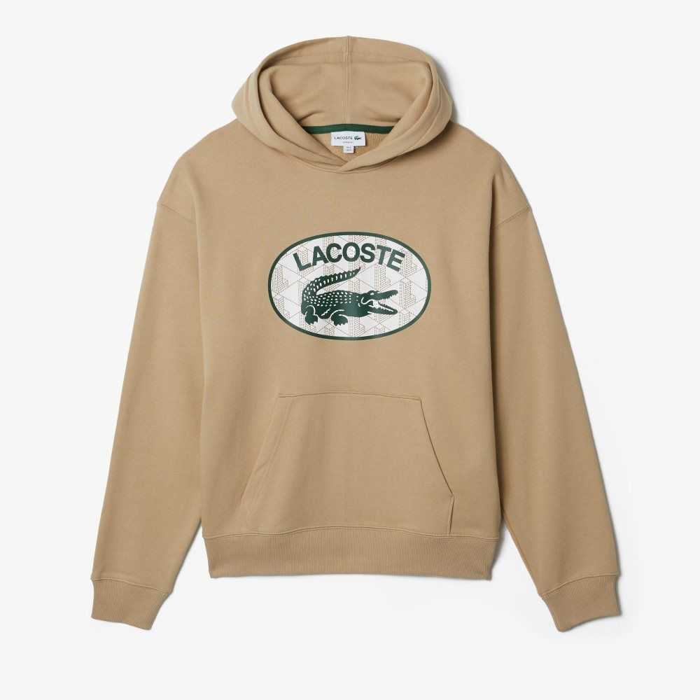 Lacoste Loose Fit Branded Monogram Hooded Sweatshirt Beige | CSY-082964