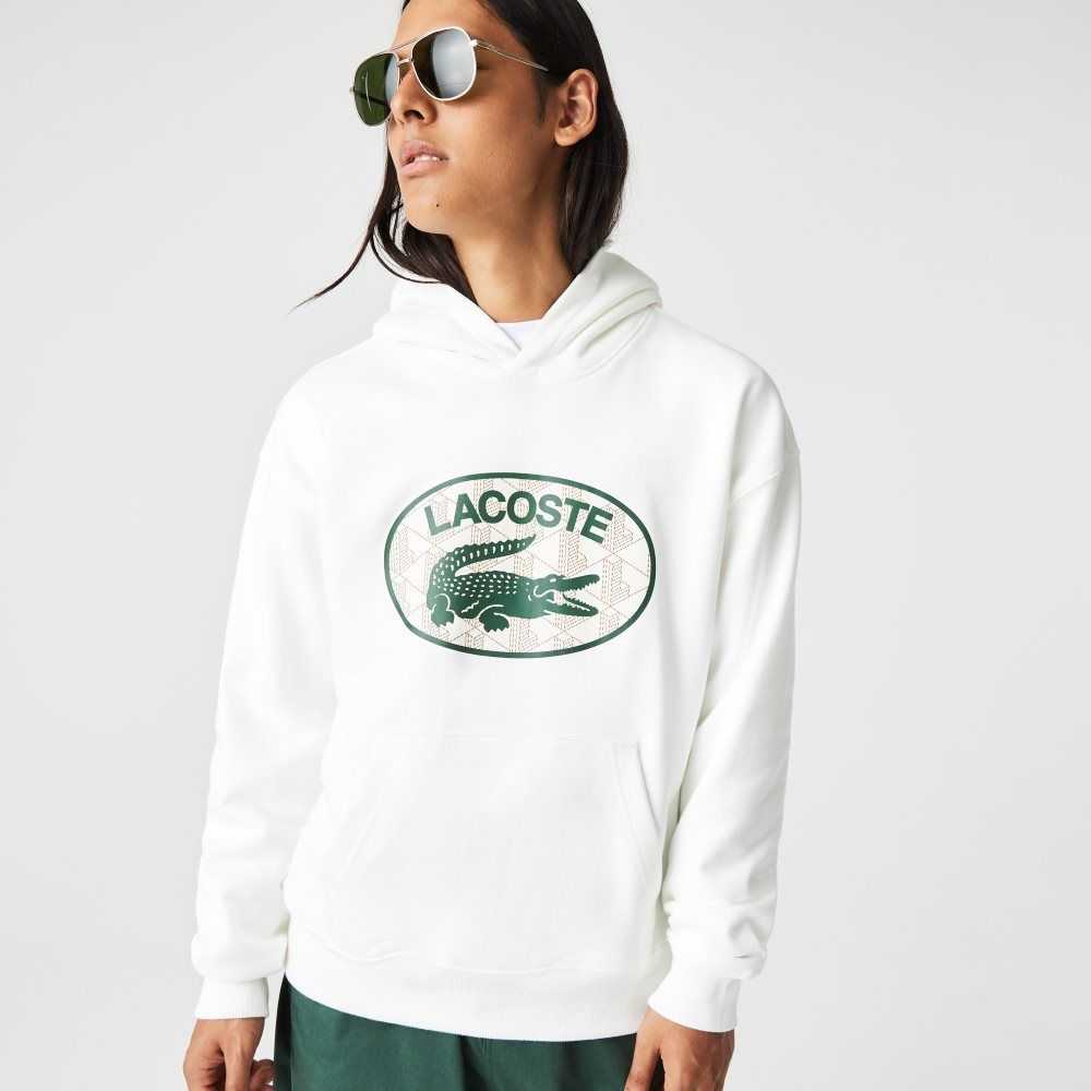 Lacoste Loose Fit Branded Monogram Hooded Sweatshirt White | IXM-431672