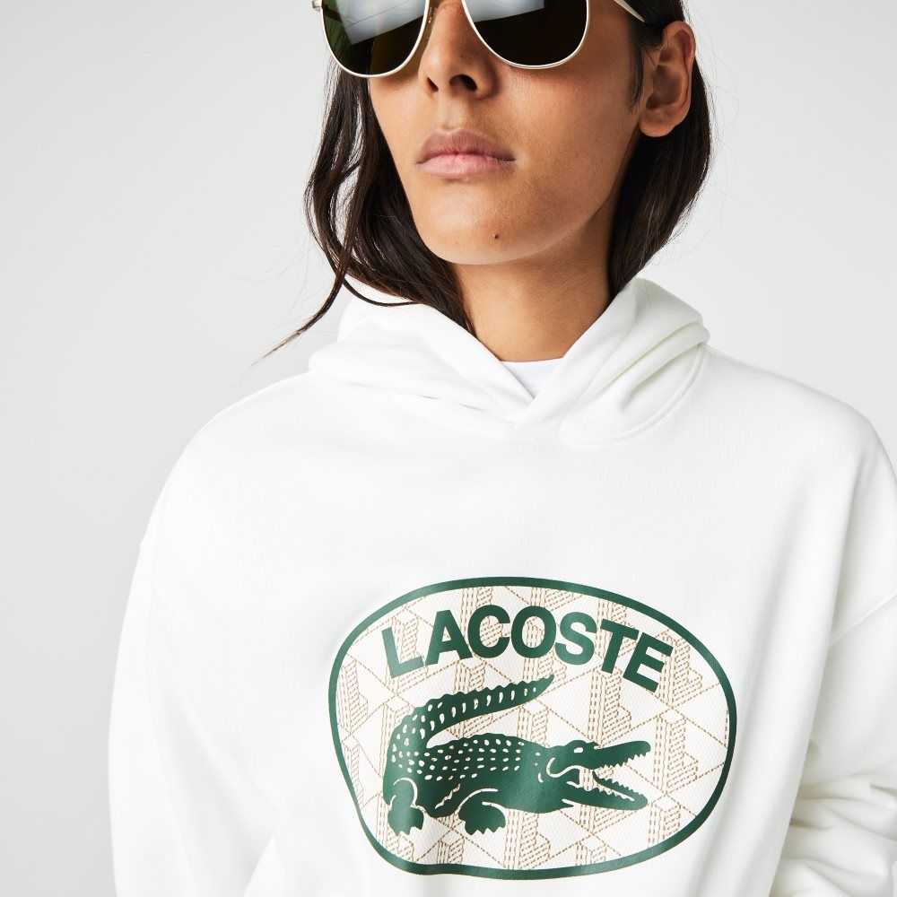 Lacoste Loose Fit Branded Monogram Hooded Sweatshirt White | IXM-431672