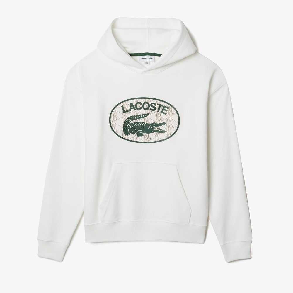 Lacoste Loose Fit Branded Monogram Hooded Sweatshirt White | IXM-431672