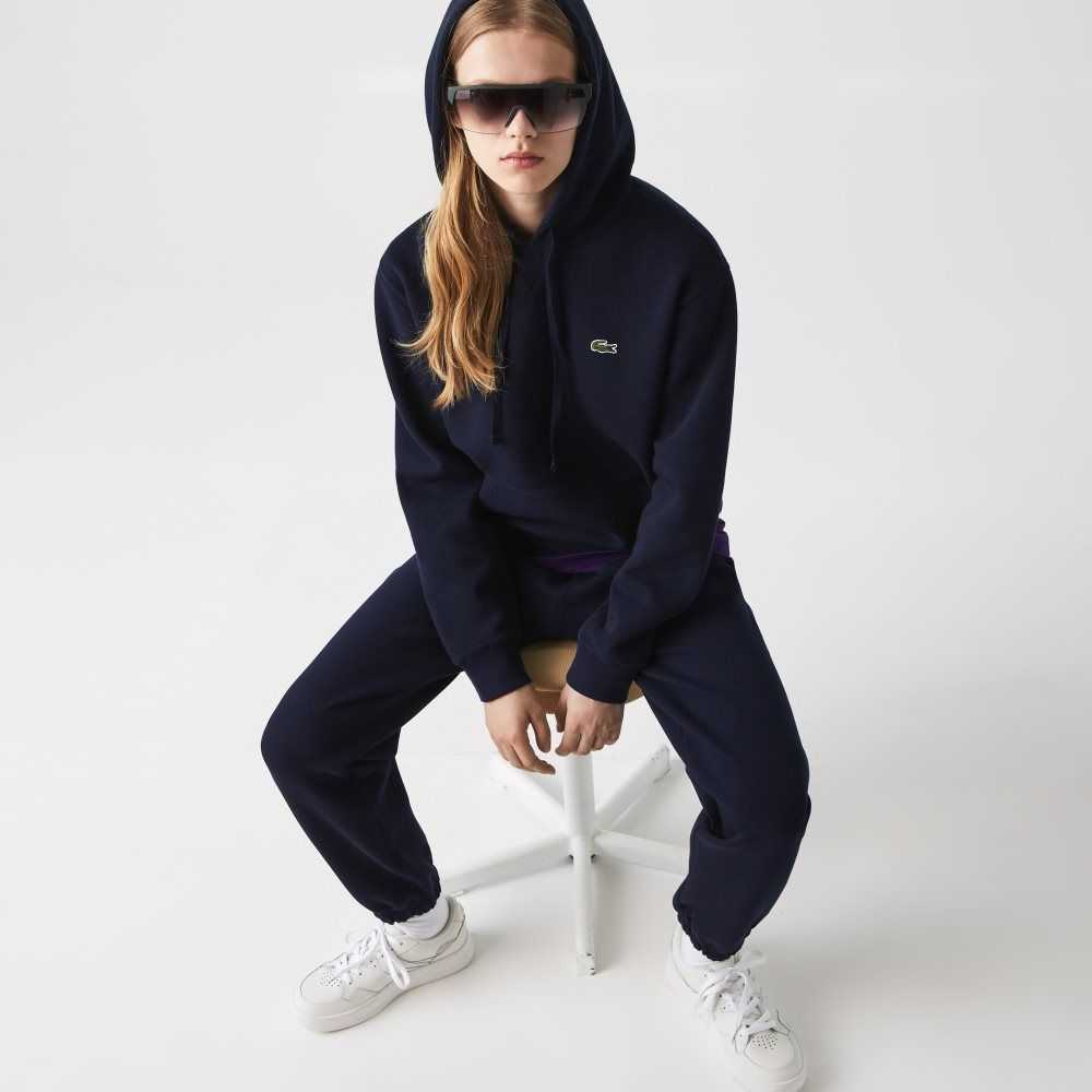 Lacoste Loose Fit Hooded Cotton Blend Sweatshirt Navy Blue | APD-538410