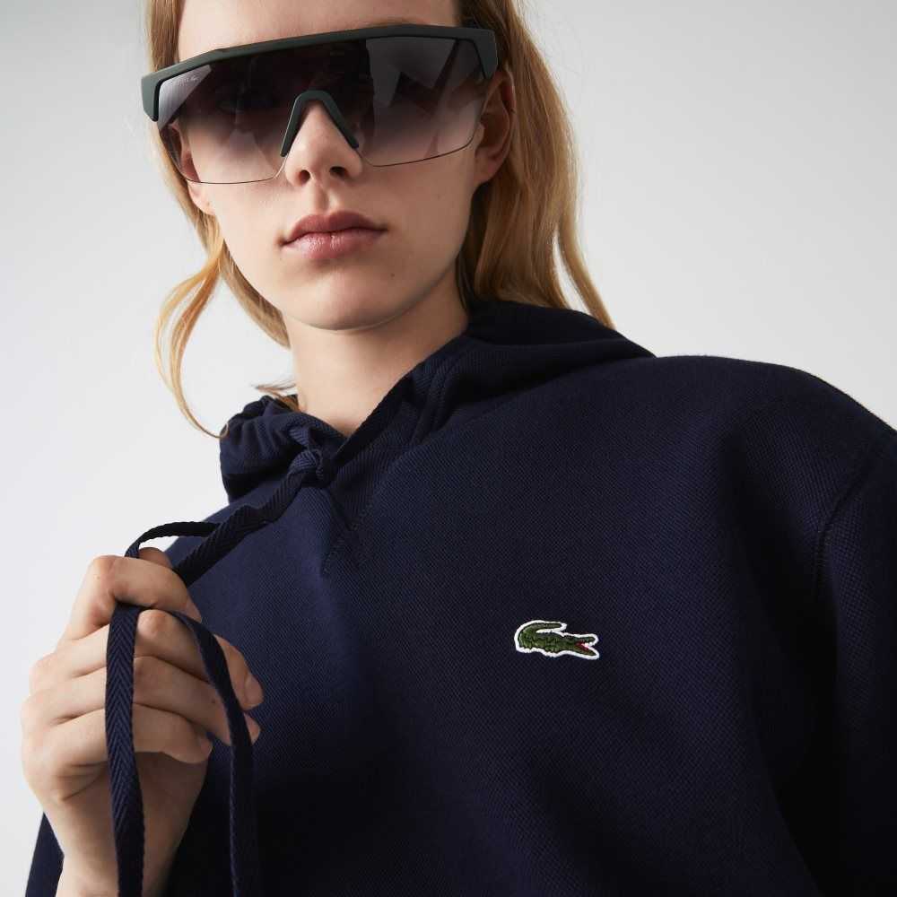 Lacoste Loose Fit Hooded Cotton Blend Sweatshirt Navy Blue | APD-538410