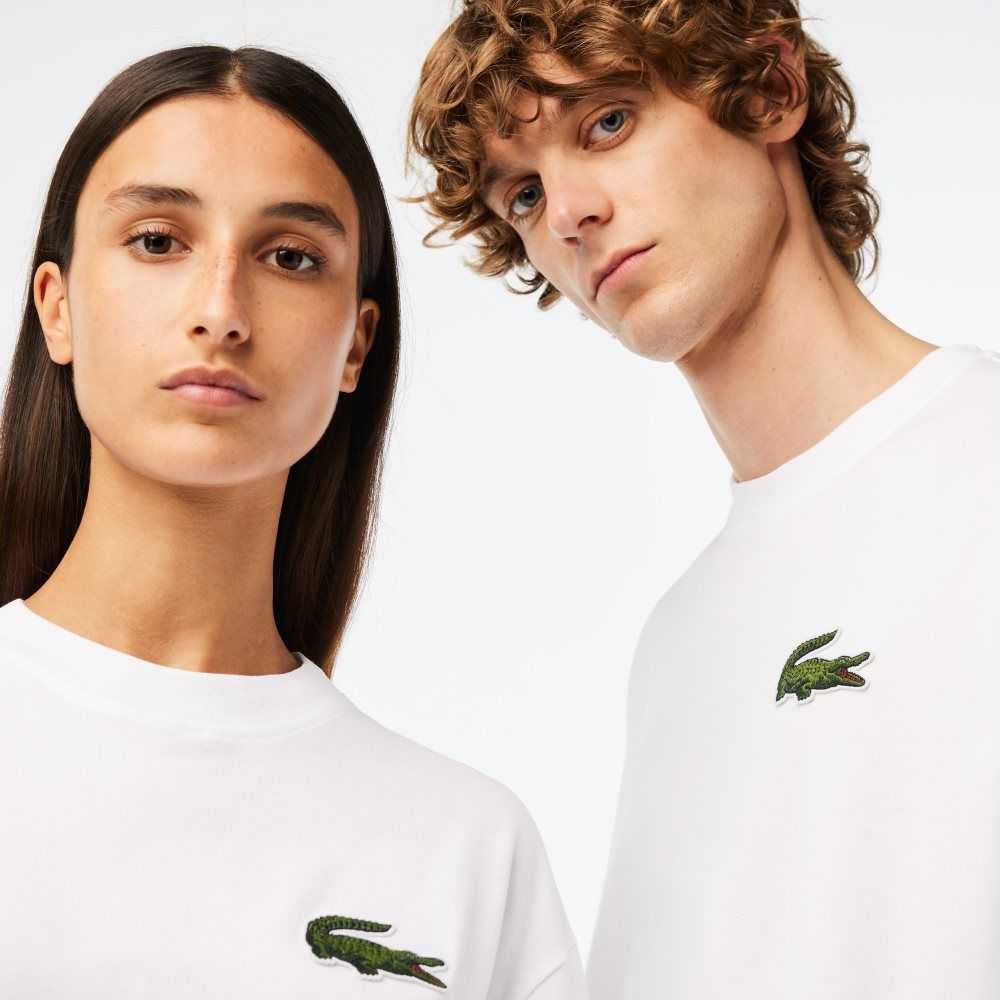 Lacoste Loose Fit Large Crocodile Organic Cotton T-Shirt White | CRH-721895