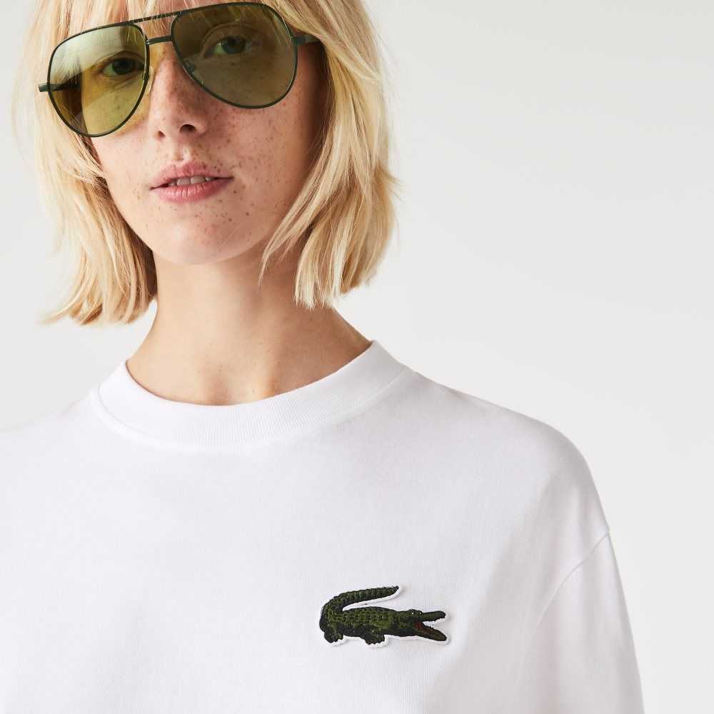 Lacoste Loose Fit Large Crocodile Organic Cotton T-Shirt White | CRH-721895