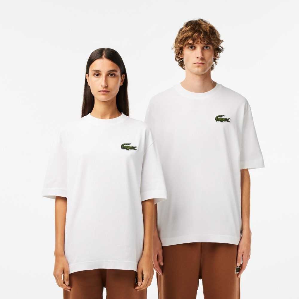 Lacoste Loose Fit Large Crocodile Organic Cotton T-Shirt White | CRH-721895