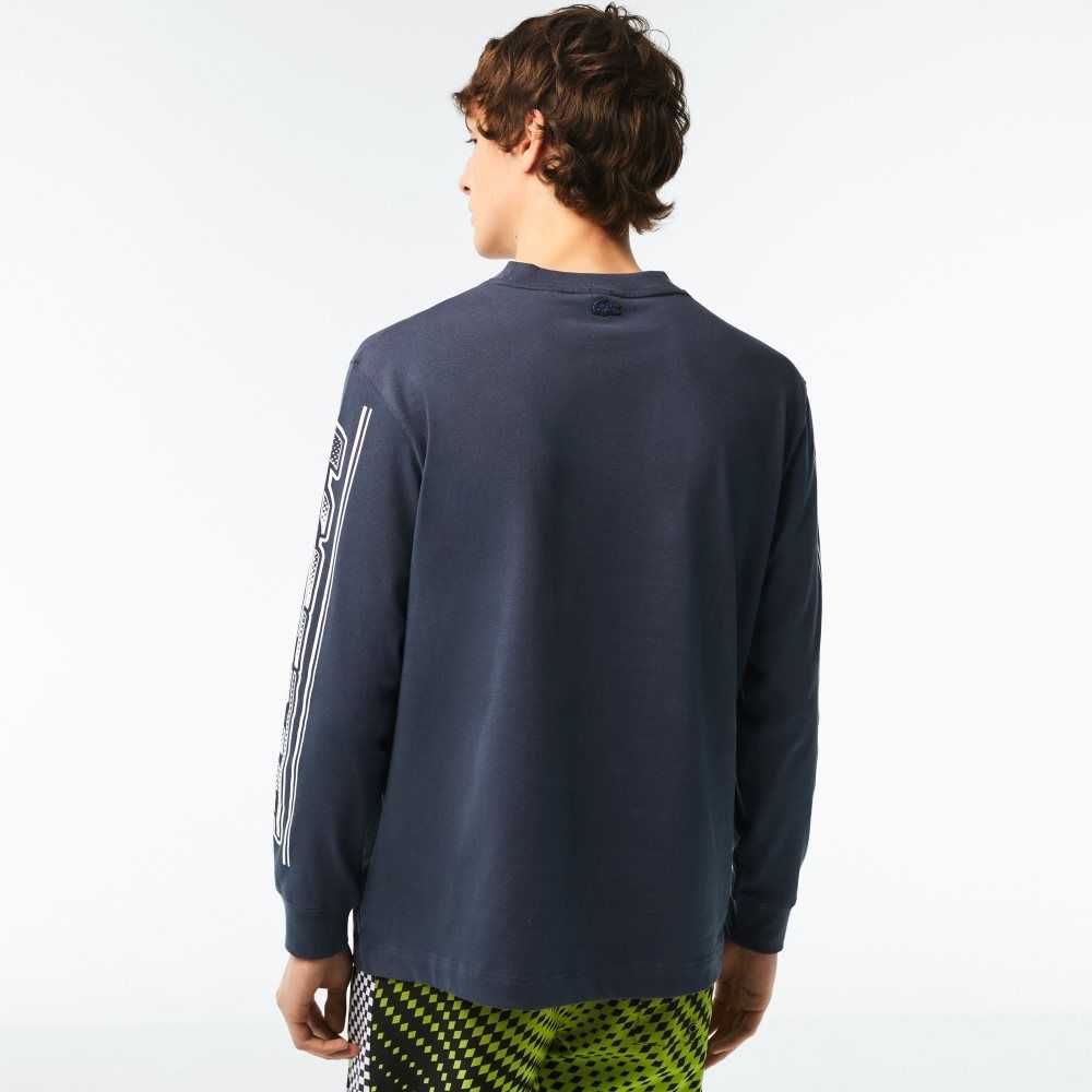 Lacoste Loose Fit Long Sleeve Printed T-Shirt Blue | DTF-594162