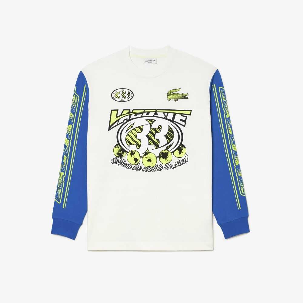 Lacoste Loose Fit Long Sleeve Printed T-Shirt White / Blue | EVO-078523