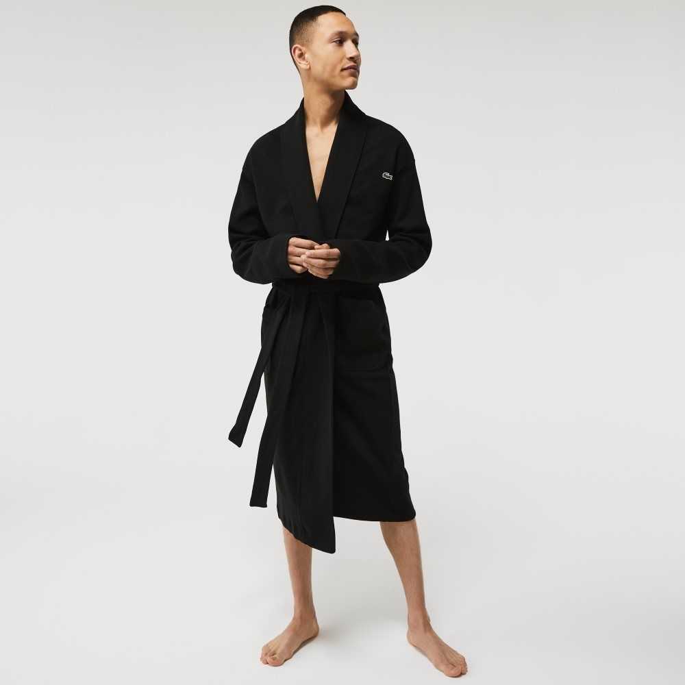 Lacoste Loose Fit Long Textured Cotton Knit Bathrobe Black | HRF-502318