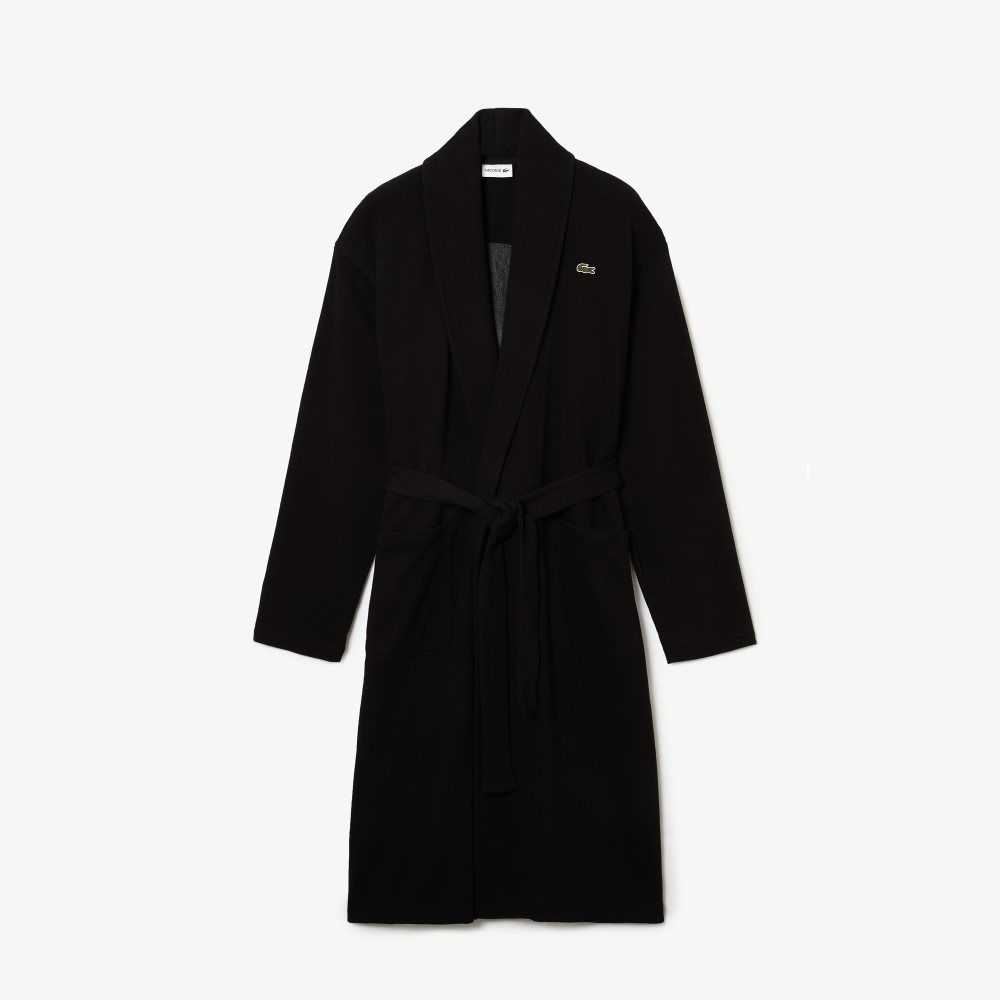 Lacoste Loose Fit Long Textured Cotton Knit Bathrobe Black | HRF-502318