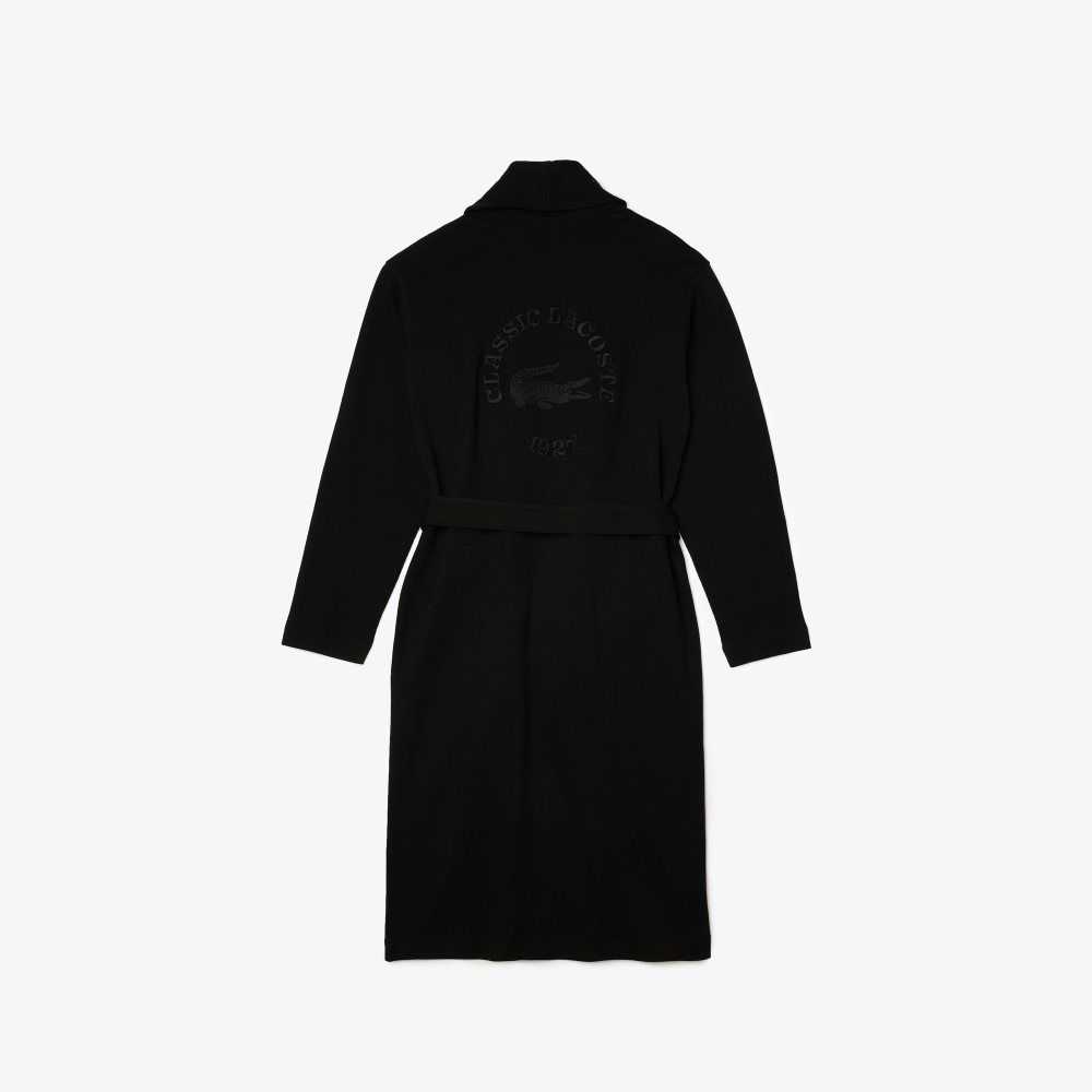 Lacoste Loose Fit Long Textured Cotton Knit Bathrobe Black | HRF-502318