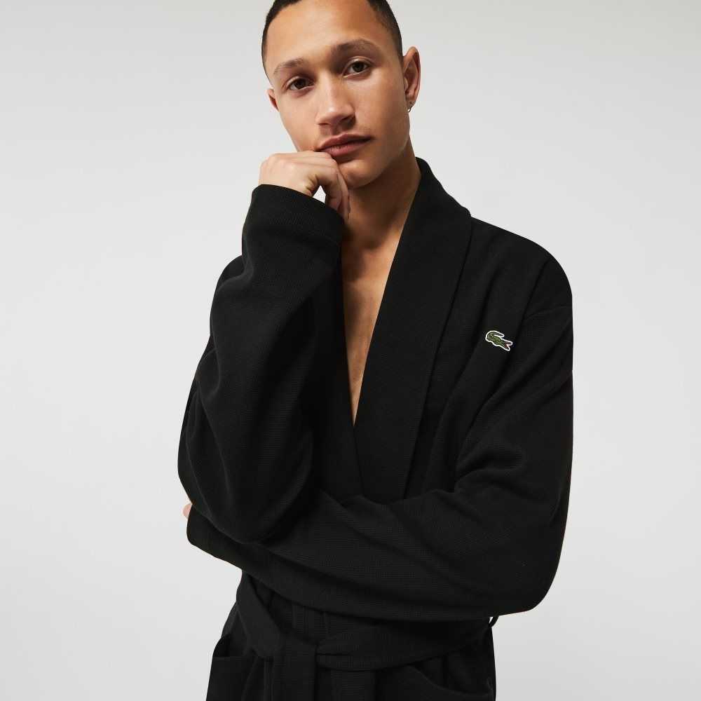 Lacoste Loose Fit Long Textured Cotton Knit Bathrobe Black | HRF-502318