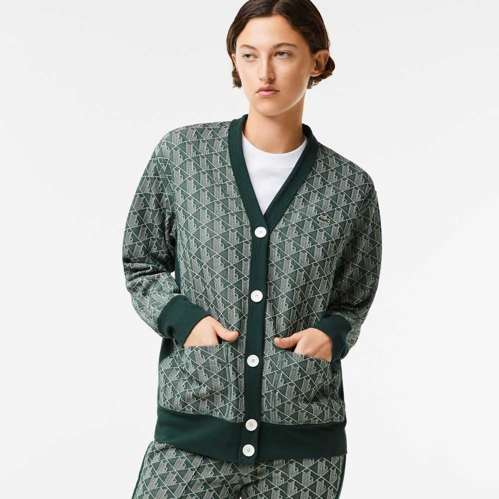 Lacoste Loose Fit Monogram Print Cardigan Green / Beige | TGE-265348