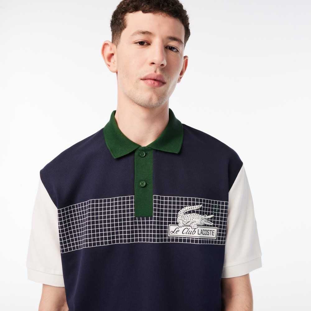 Lacoste Loose Fit Organic Cotton Polo Navy Blue / White / Green | NFY-804356