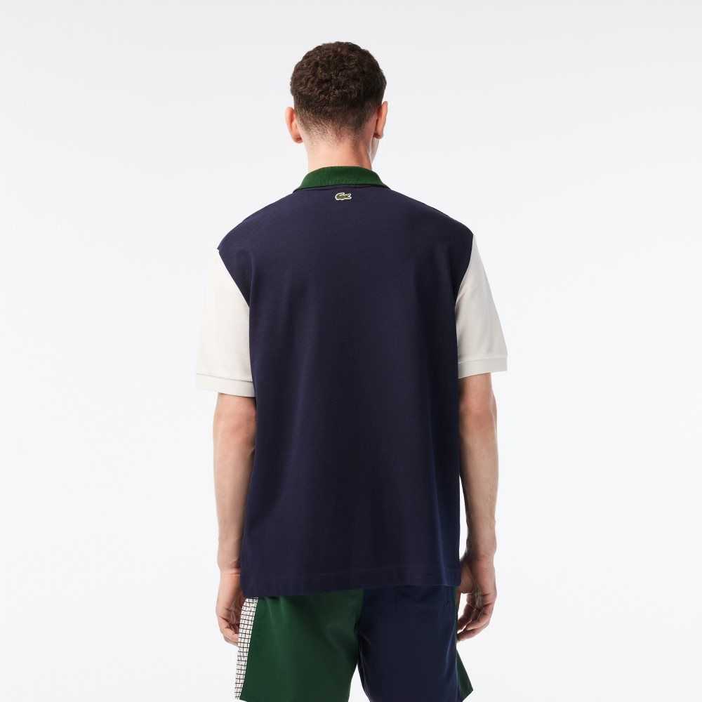 Lacoste Loose Fit Organic Cotton Polo Navy Blue / White / Green | NFY-804356