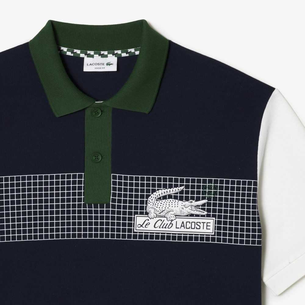 Lacoste Loose Fit Organic Cotton Polo Navy Blue / White / Green | NFY-804356