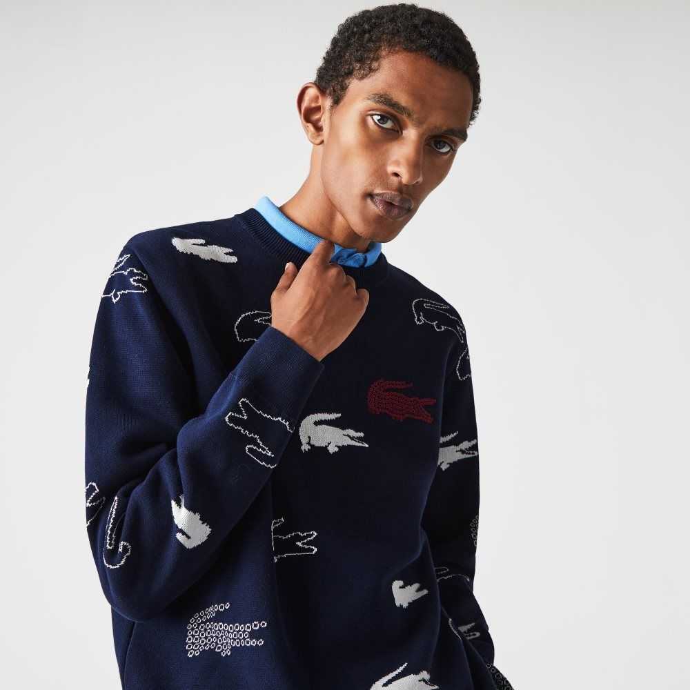 Lacoste Made In France Crew Neck Organic Cotton Jacquard Sweater Navy Blue / White | QGP-240769