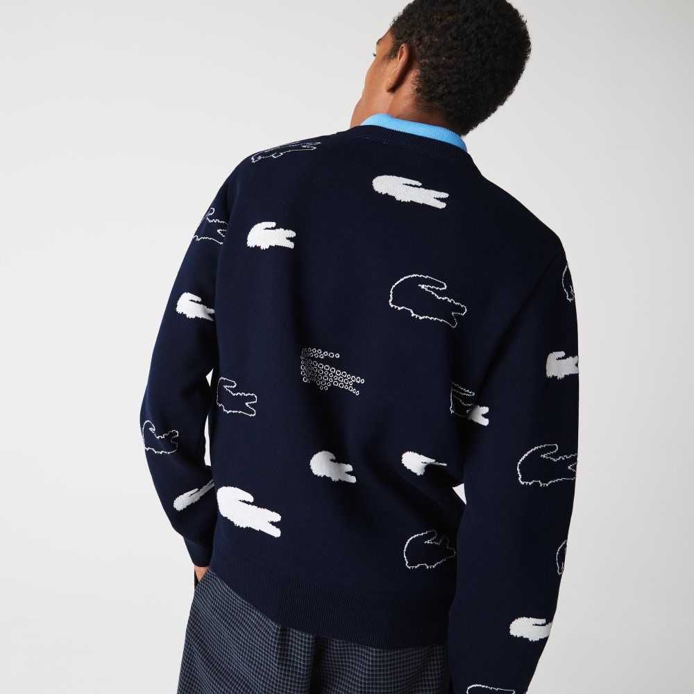 Lacoste Made In France Crew Neck Organic Cotton Jacquard Sweater Navy Blue / White | QGP-240769